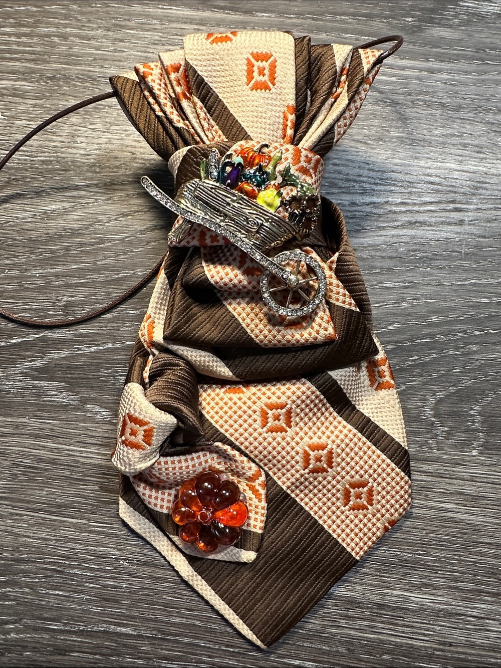 Brown & Cream Patterned Women’s Necklace Tie with Orange Accents